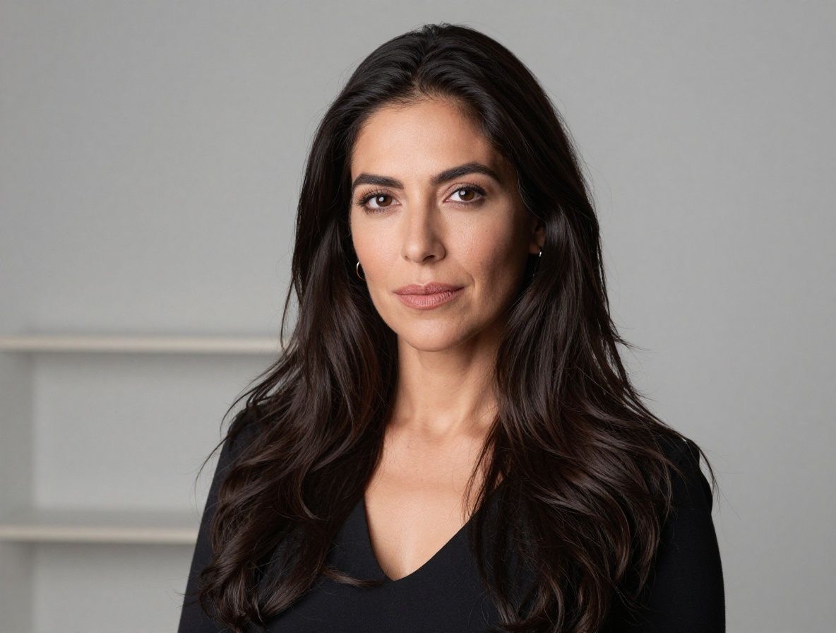 Isabela Montoya, editora de moda de Draxionel, mujer latinoamericana de unos 38 años con cabello oscuro recogido, traje de chaqueta negro, en entorno editorial iluminado