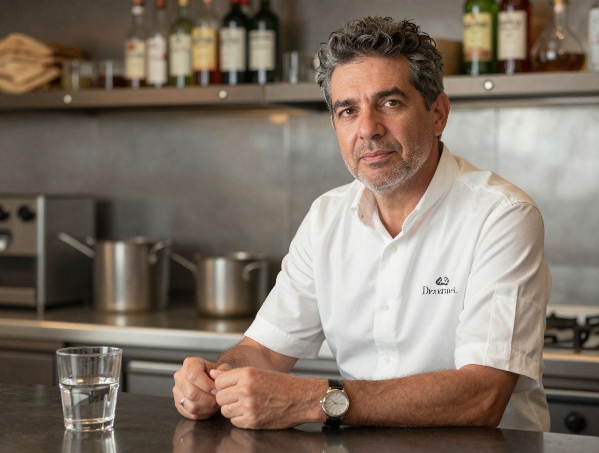 Carmen Villalba, crítica gastronómica de Draxionel, mujer de unos 45 años con gafas de montura fina y cabello castaño medio, retratada en cocina de restaurante de autor en ambiente profesional