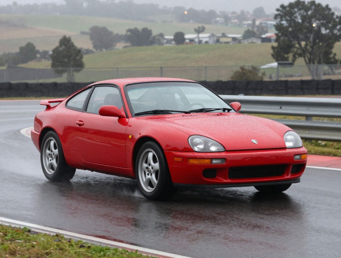 Superdeportivo rojo lacado en curva de circuito privado al amanecer con humo de neumáticos y cielo despejado de verano en California