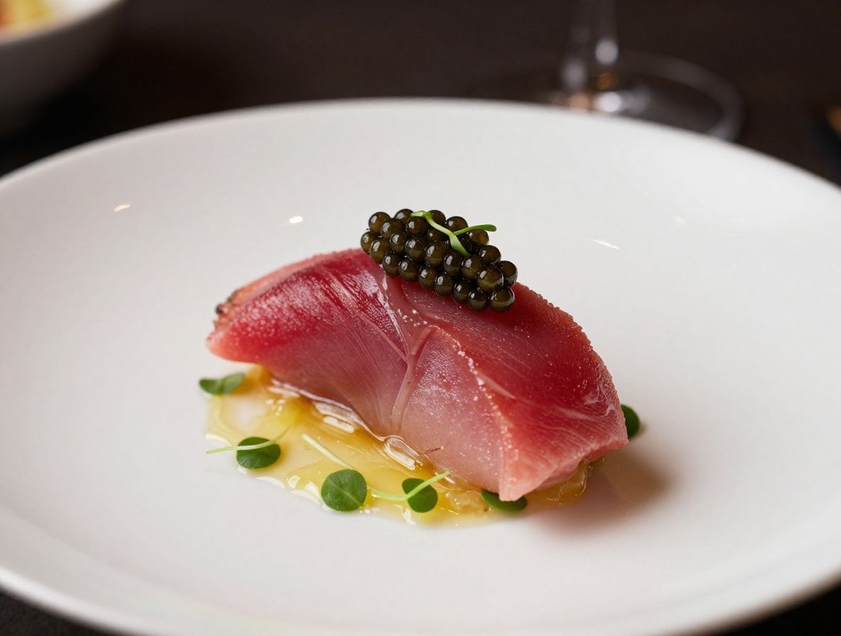 Mesa de restaurante de alta cocina con plato de degustación de nouvelle cuisine garnished con flores comestibles y reducción de trufa negra