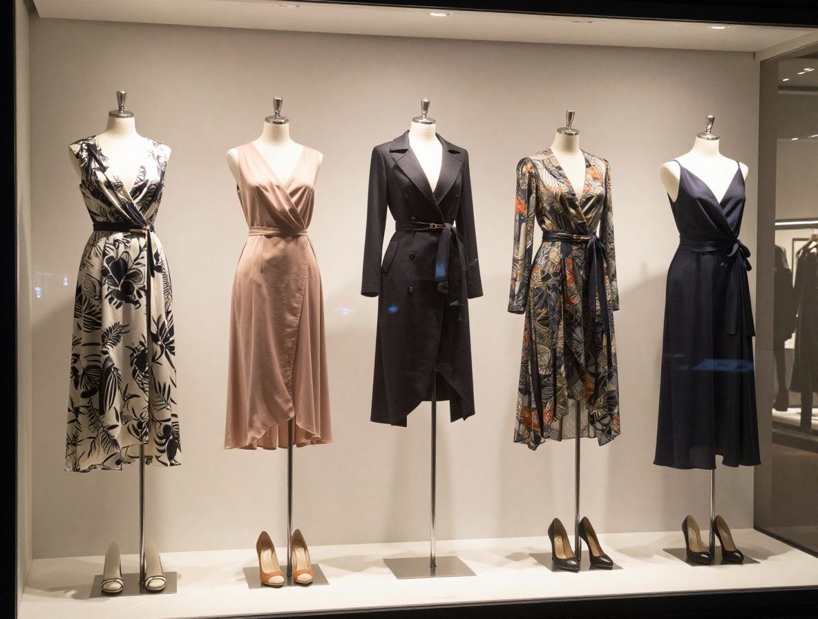 Boutique de moda de lujo en Fifth Avenue Nueva York con escaparate iluminado y maniquíes con diseños de temporada de alta costura