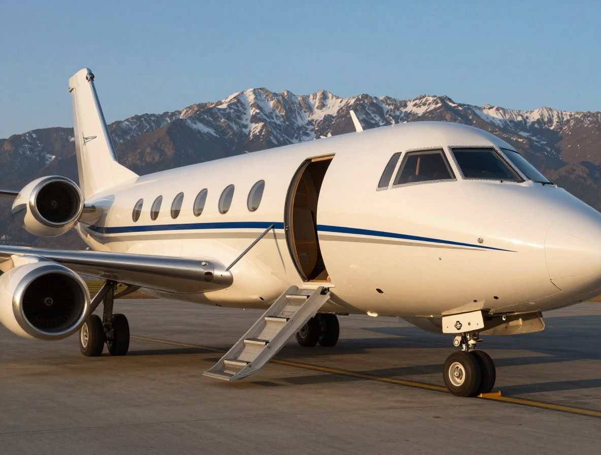 Avión privado de cabina pequeña estacionado en pista privada al atardecer con escalera de abordaje y montañas nevadas al fondo