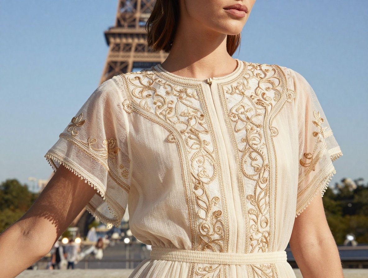 Modelo en pasarela de haute couture con vestido de organza plateada en desfile de Nueva York con luces de flash de fotógrafos al fondo