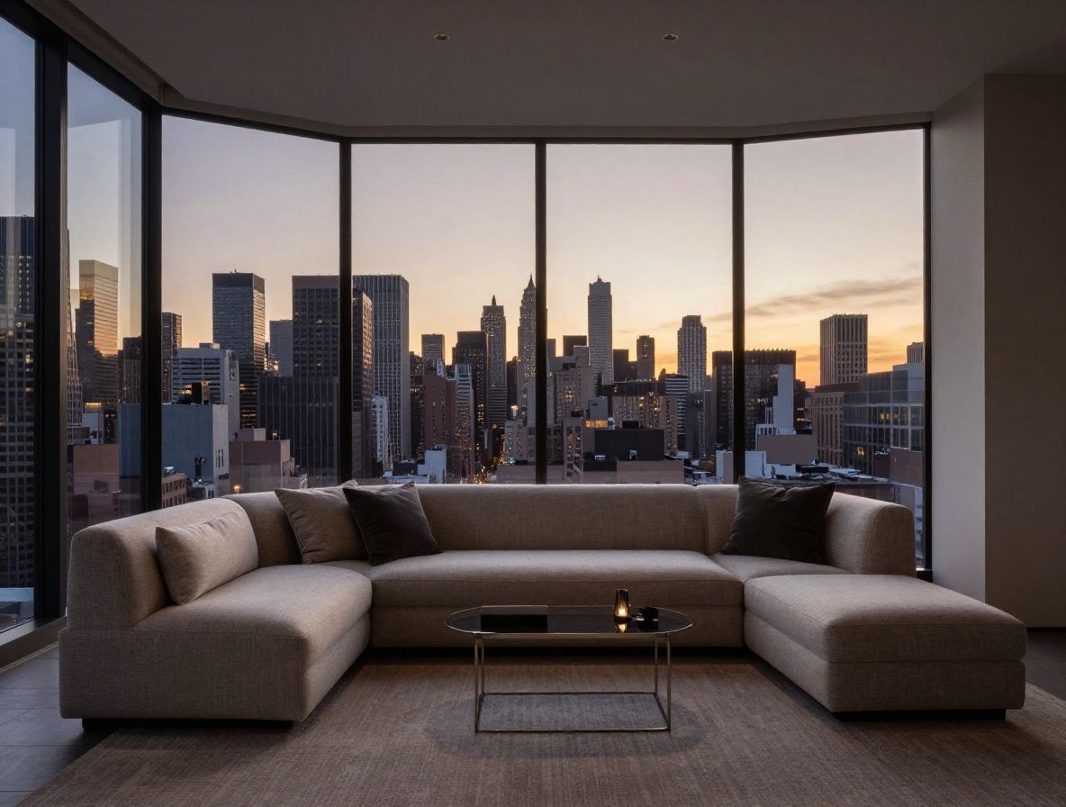 Elegante salón de cristal de rascacielos en Manhattan al atardecer con vistas panorámicas de la ciudad y decoración minimalista en tonos oscuros